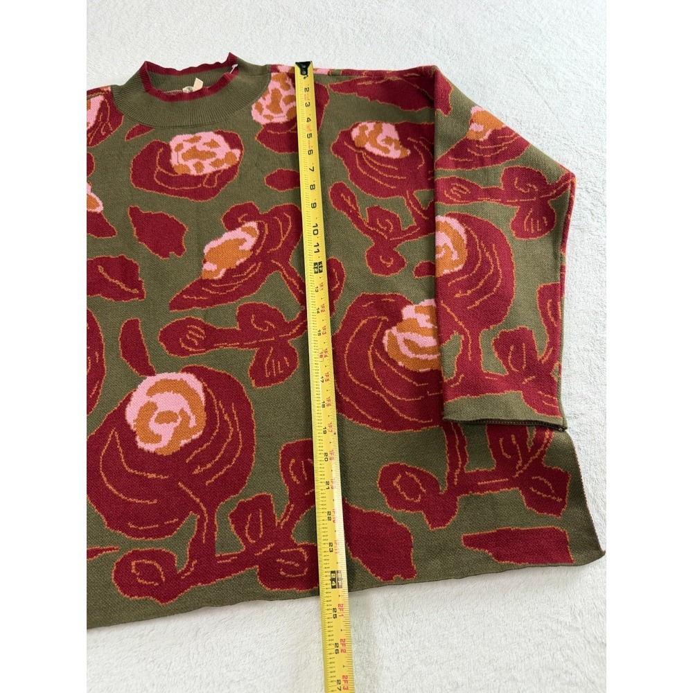 JODIFL Sweater Womens S Olive Green Red Floral Rose Mock Neck Slit Hem Oversized - Picture 9 of 9